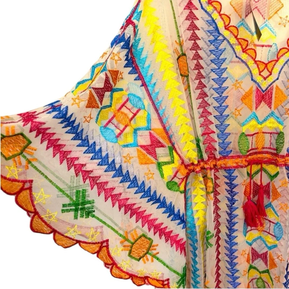 Rainbow Embroidered Cotton Mesh Short Kaftan, Tunic, With Cinch Tassel Tie NWT